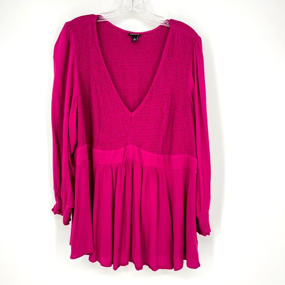 Torrid Plus Size Pink Crinkle Gauze Smocked Tunic Top V-Neck Long Sleeve Size 3 - Picture 3 of 7